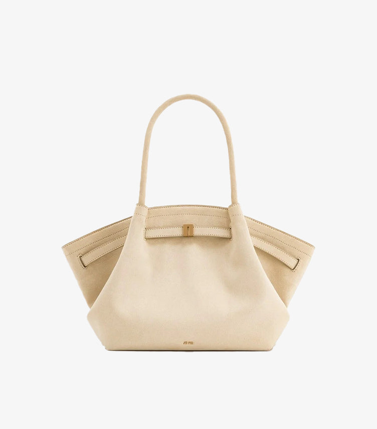 Front view of JW PEI Hana medium faux-suede tote bag with winged sides, dual handles and gold-tone clasp