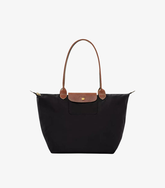 Longchamp Le Pliage Original Large Tote Bag Navy Blue – tan leather handles and flap front view | A&B Imported UK
