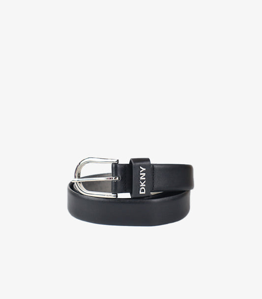 DKNY MEN’S BLACK LEATHER BELT WITH LOGO LOOP & SILVER BUCKLE