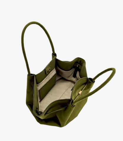 Open JW PEI Hana medium tote bag displaying the lined main compartment and interior slip pocket