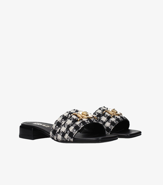 VERSACE WOMEN’S TWEED SLIDE SANDALS – BLACK & WHITE