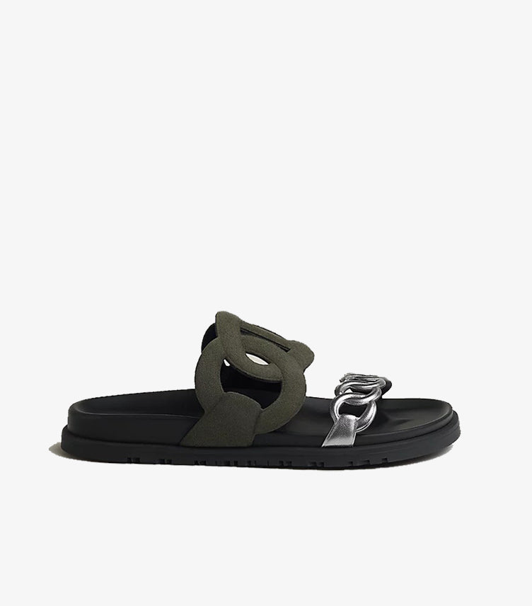 HERMES STYLISH WOMEN’S SUEDE CHAIN-LINK SLIDES