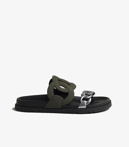HERMES STYLISH WOMEN’S SUEDE CHAIN-LINK SLIDES