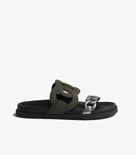 HERMES STYLISH WOMEN’S SUEDE CHAIN-LINK SLIDES