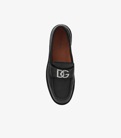DOLCE & GABBANA BLACK LEATHER LOAFERS WITH DG LOGO