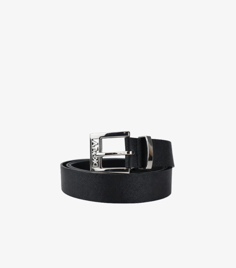 DKNY MEN’S BLACK LEATHER BELT WITH CLASSIC METAL BUCKLE