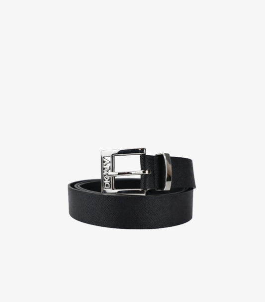 DKNY MEN’S BLACK LEATHER BELT WITH CLASSIC METAL BUCKLE