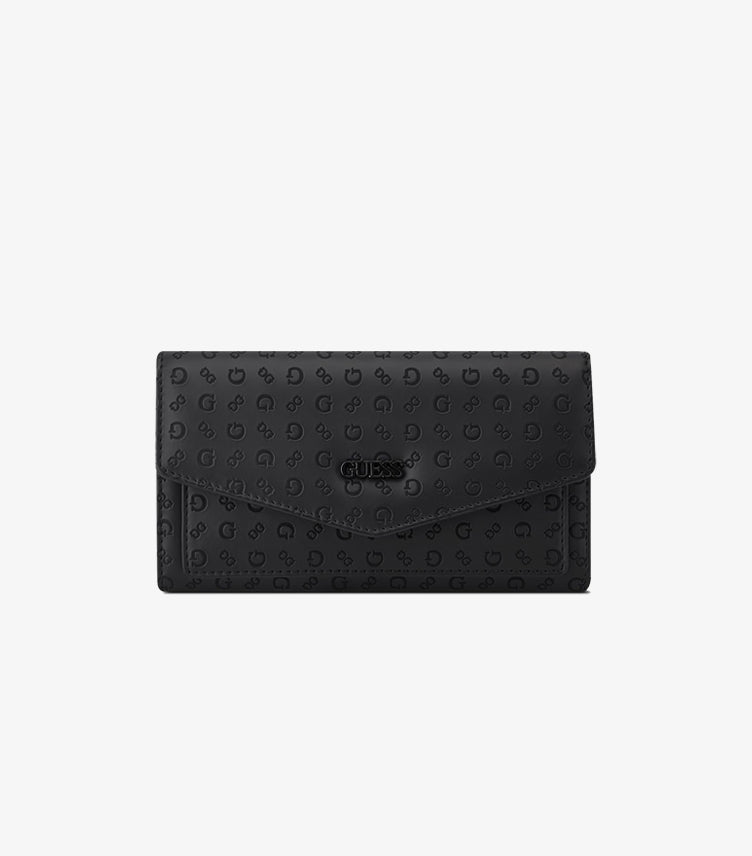 GUESS WOMEN’S BLACK LOGO-EMBOSSED FLAP WALLET