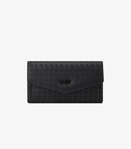 GUESS WOMEN’S BLACK LOGO-EMBOSSED FLAP WALLET