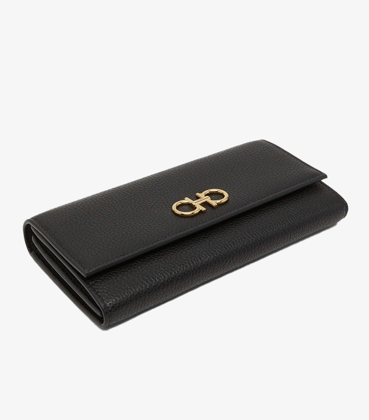 FERRAGAMO GANCINO FLAP LEATHER CLUTCH ON CHAIN