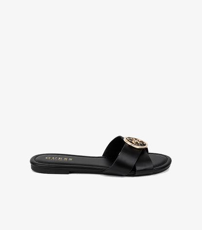 GUESS Women's Black Cross-Strap Flat Slide Sandal Side Profile