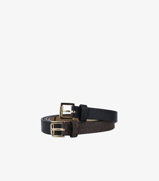 MICHAEL KORS WOMEN’S DUAL LEATHER BELT SET – BLACK & BROWN WITH GOLD BUCKLES