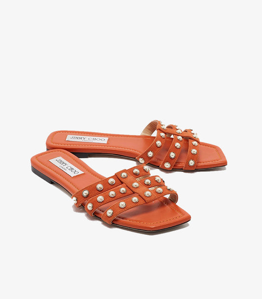 JIMMY CHOO WOMEN’S PEARL-STUDDED ORANGE SLIDES