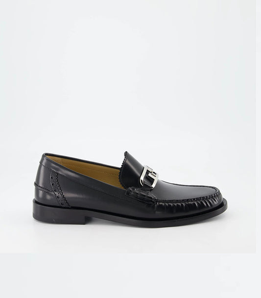 FENDI BLACK LEATHER LOAFERS WITH SIGNATURE METAL BUCKLE