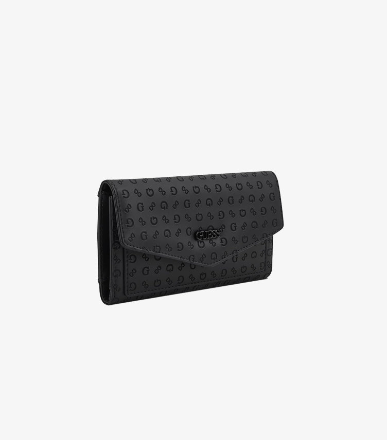 GUESS WOMEN’S BLACK LOGO-EMBOSSED FLAP WALLET