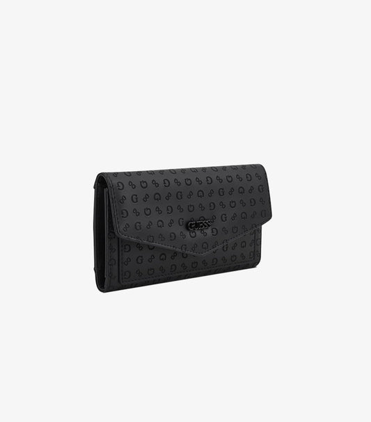 GUESS WOMEN’S BLACK LOGO-EMBOSSED FLAP WALLET