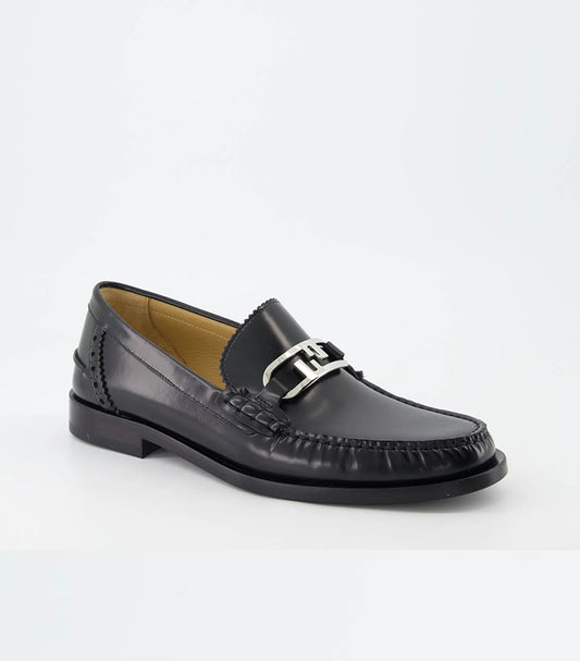 FENDI BLACK LEATHER LOAFERS WITH SIGNATURE METAL BUCKLE
