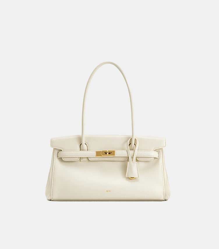 JW PEI ivory vegan leather structured top handle shoulder bag front view with gold hardware