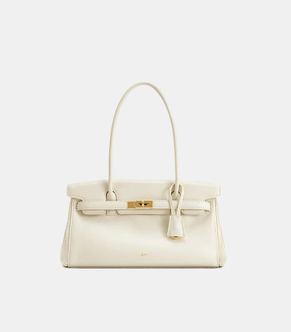 JW PEI ivory vegan leather structured top handle shoulder bag front view with gold hardware