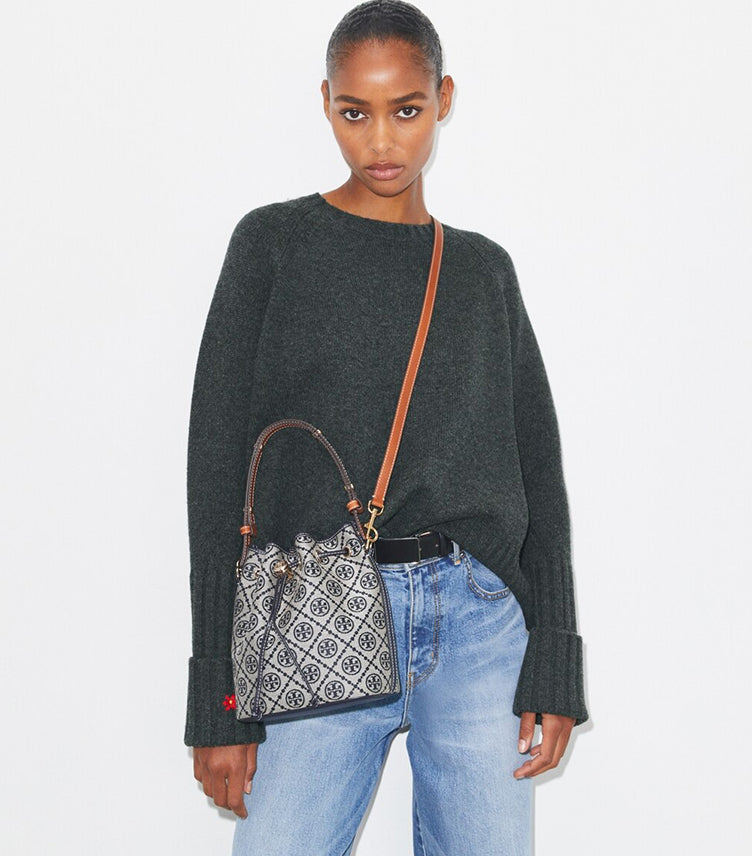 TORY BURCH T MONOGRAM PEBBLED BUCKET BAG
