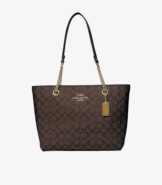 COACH SIGNATURE CANVAS CHAIN TOTE BAG – BROWN