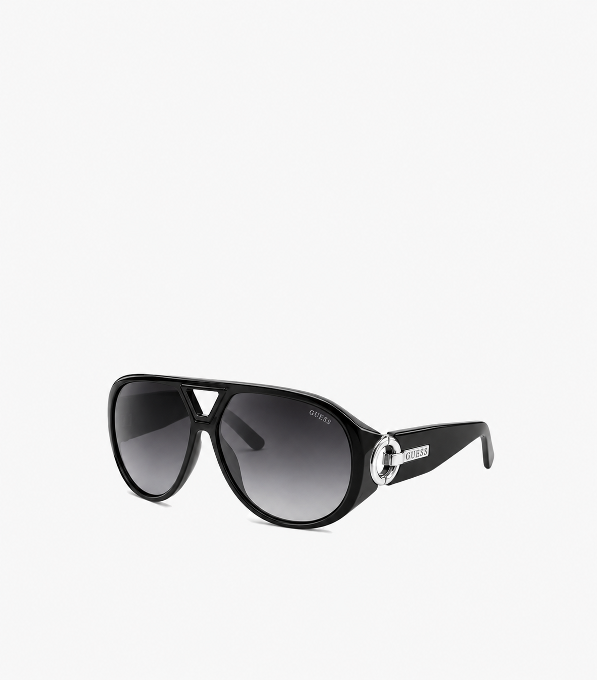 Angled view of Guess black aviator sunglasses showing wide temples, grey gradient lenses and polished silver G emblems