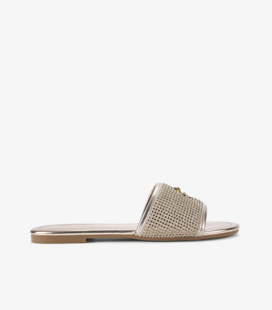 Kurt Geiger London KGL Greenwich Beige Flat Slip-On Sandal with Gold Crystal Toe Strap – Side Profile View