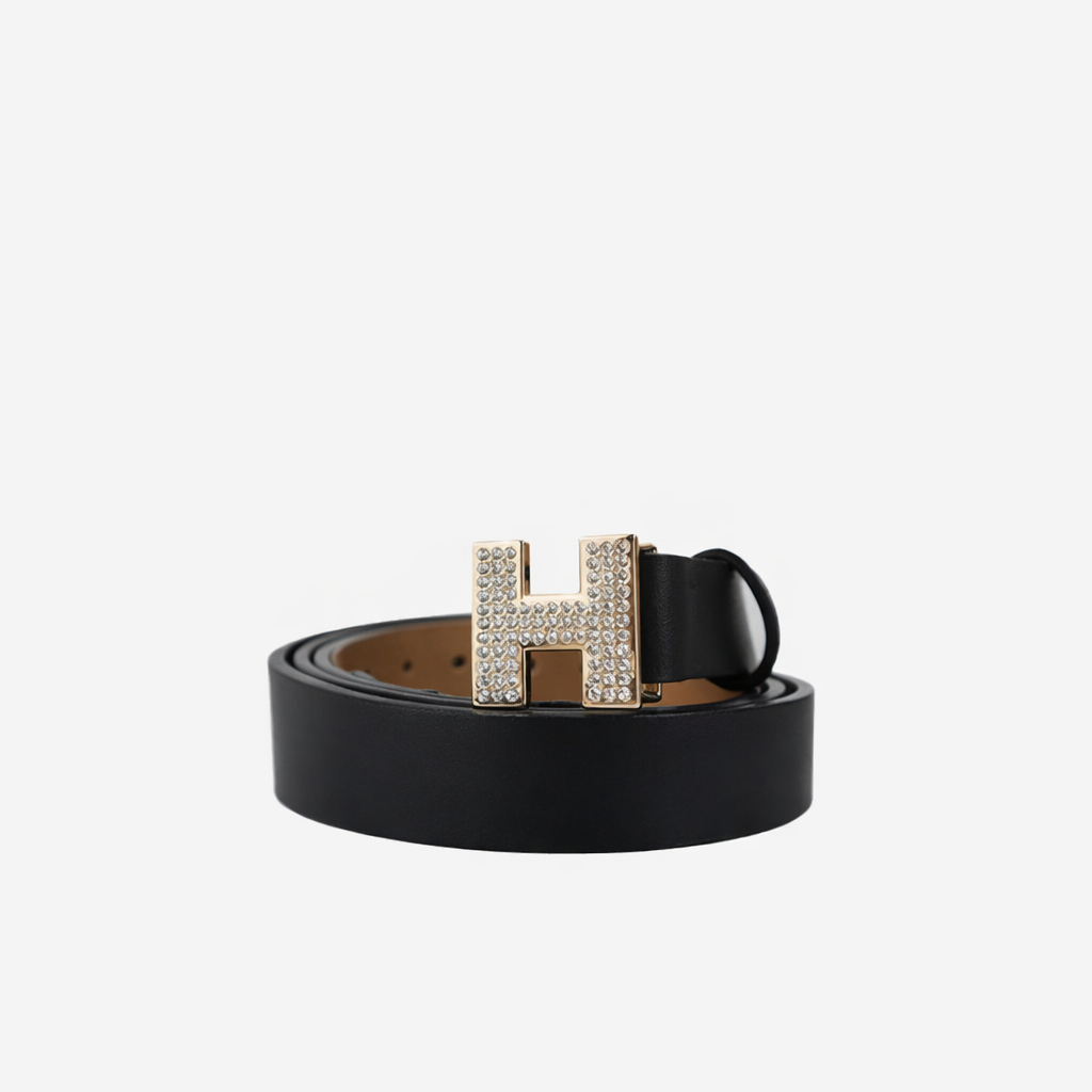 TOMMY HILFIGER CRYSTAL LOGO BUCKLE LEATHER BELT – BLACK & GOLD