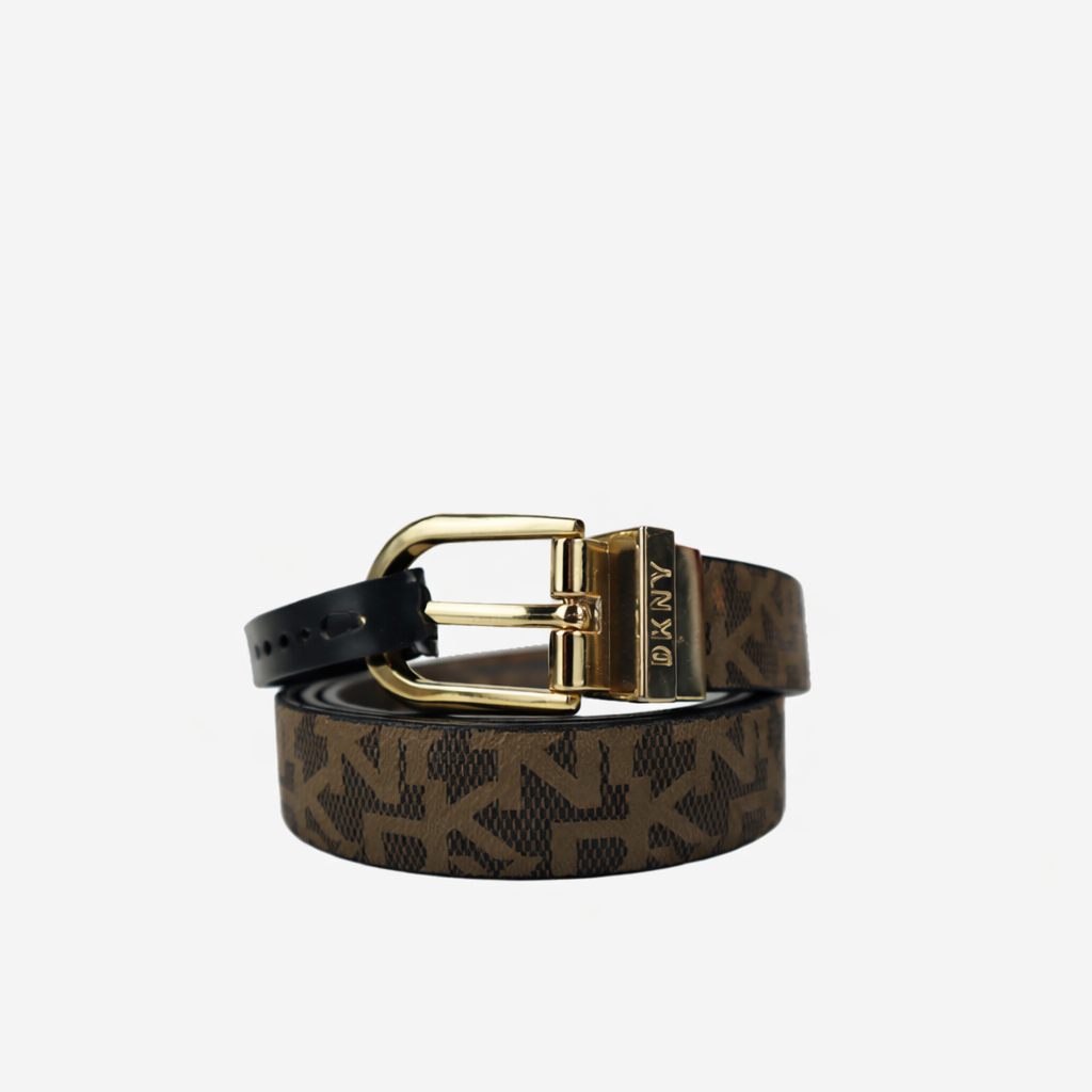 DKNY MONOGRAM LEATHER REVERSIBLE BELT WITH GOLD BUCKLE – BROWN