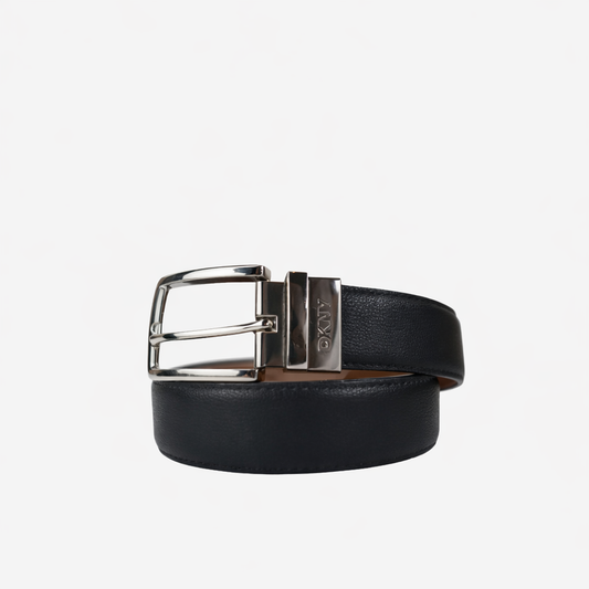 DKNY CLASSIC LEATHER REVERSIBLE BELT WITH SILVER BUCKLE – BLACK