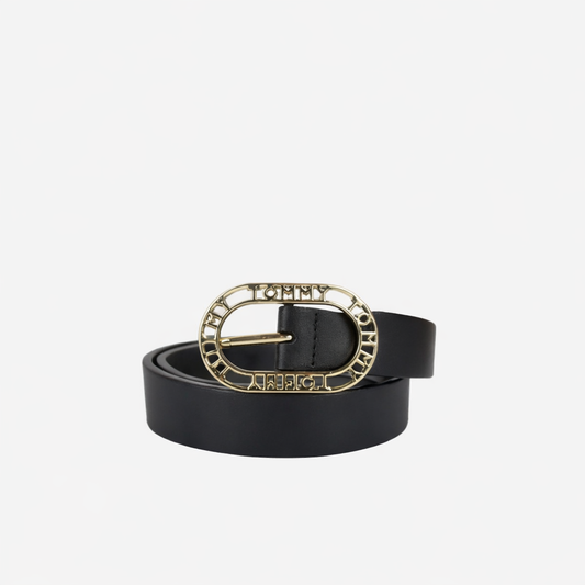 TOMMY HILFIGER BLACK LEATHER BELT WITH GOLD LOGO BUCKLE