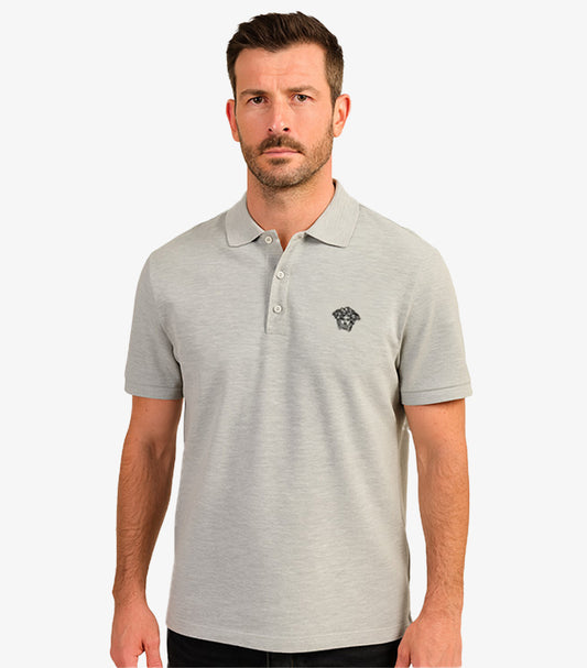 VERSACE MEN'S BLACK MEDUSA HEAD LOGO EMBROIDERY GRAY POLO SHIRT