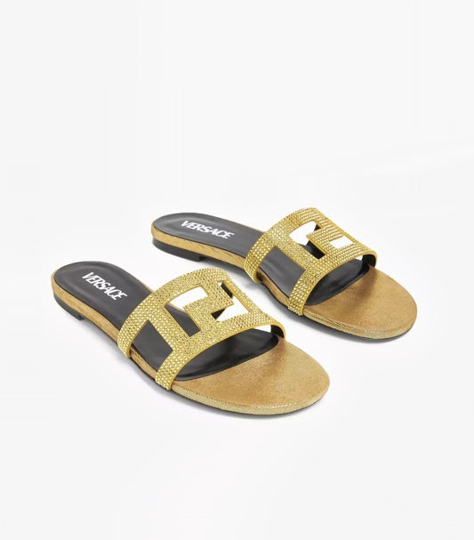 VERSACE CRYSTAL-EMBELLISHED CUTOUT METALLIC LEATHER SLIDES