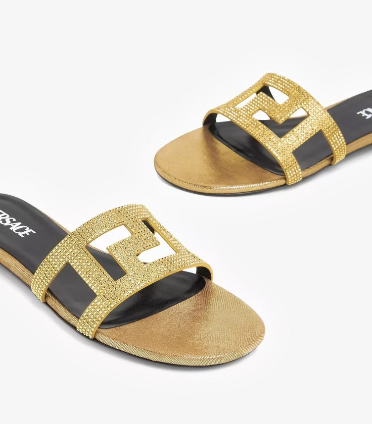 VERSACE CRYSTAL-EMBELLISHED CUTOUT METALLIC LEATHER SLIDES