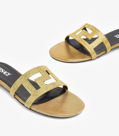 VERSACE CRYSTAL-EMBELLISHED CUTOUT METALLIC LEATHER SLIDES