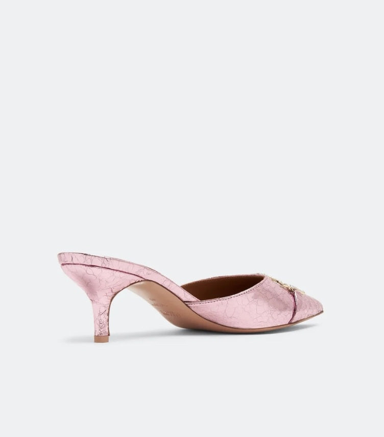 MALONE SOULIERS MISSY 85MM MULES IN CRACKED MIRROR LEATHER