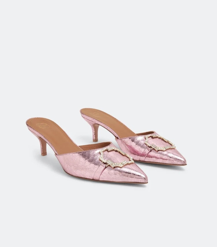 MALONE SOULIERS MISSY 85MM MULES IN CRACKED MIRROR LEATHER