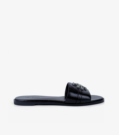 TORY BURCH EVERLY CRYSTAL LOGO CALF LEATHER SLIDE SANADLS