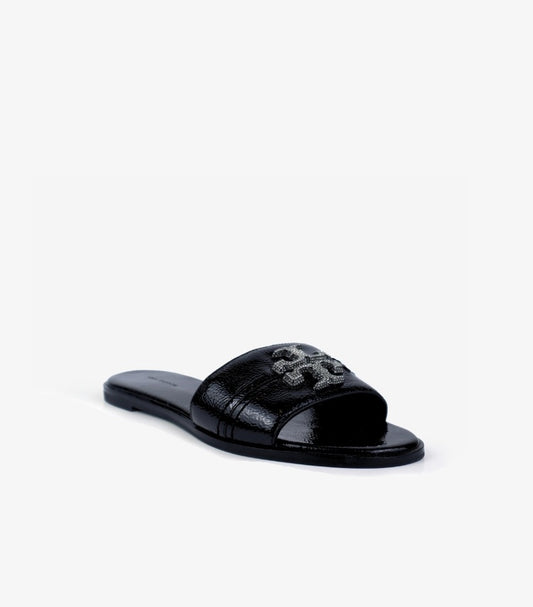 TORY BURCH EVERLY CRYSTAL LOGO CALF LEATHER SLIDE SANADLS