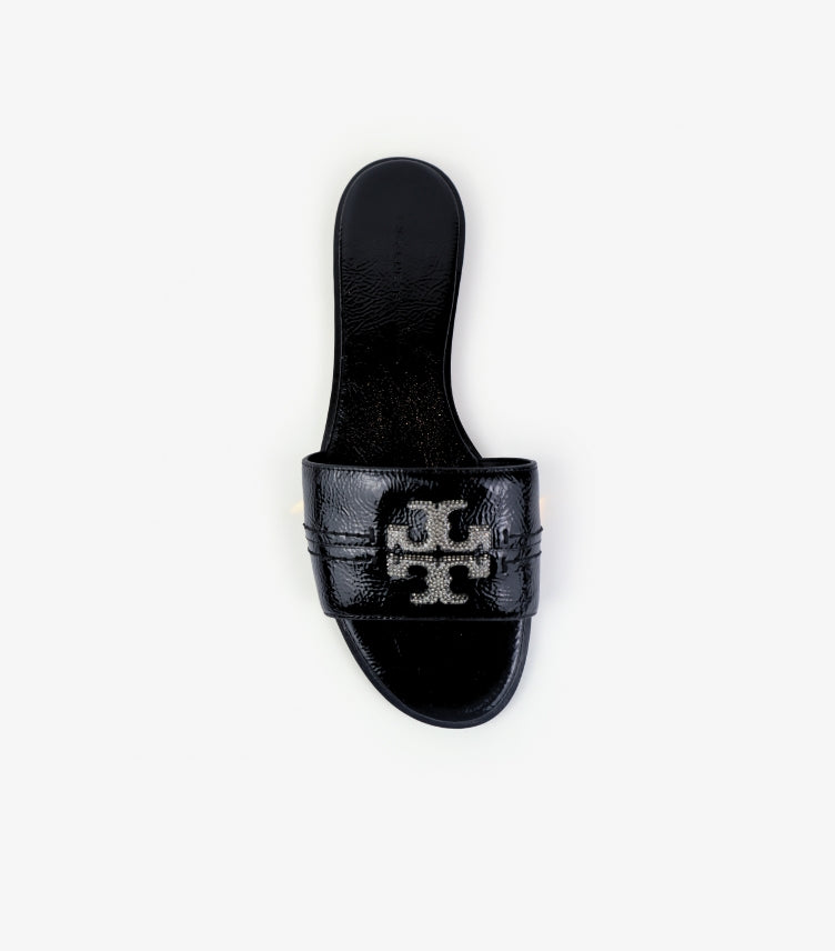 TORY BURCH EVERLY CRYSTAL LOGO CALF LEATHER SLIDE SANADLS