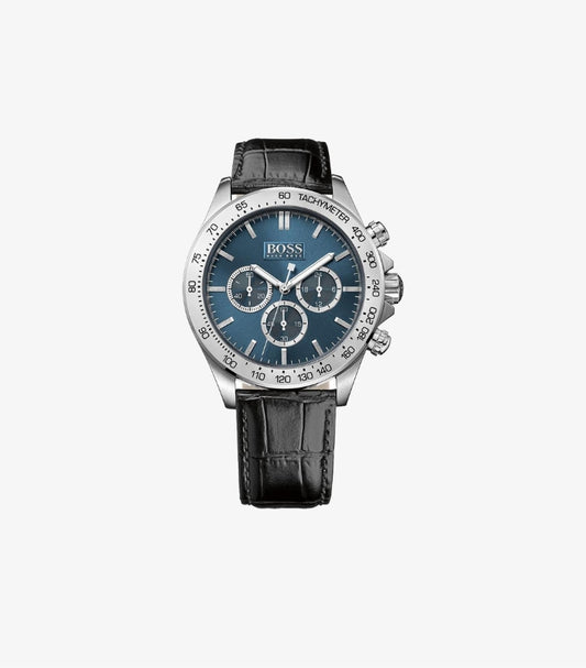 HUGO BOSS QUARTZ BLACK LEATHER STRAP BLUE DIAL 44MM WATCH 1513176