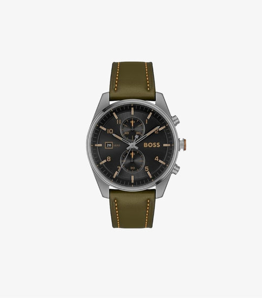 HUGO BOSS SKYTRAVELLER QTZ FASHION CHRONO BLACK SUNRAY ROUND DIAL WATCH 1514148