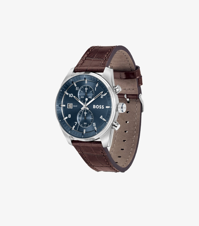 HUGO BOSS BLUE-DIAL CHRONOGRAPH WITH ALLIGATOR-EMBOSSED LEATHER STRAP 1514194