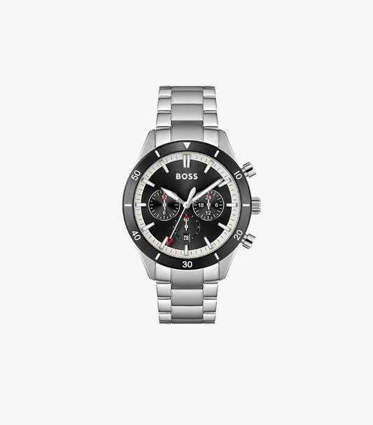 HUGO BOSS STAINLESS STEEL SANTIAGO ANALOG BLACK DIAL WATCH 1513862