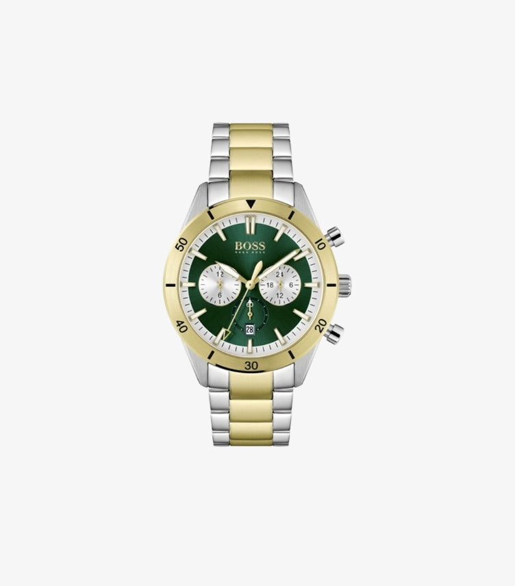 HUGO BOSS SANTIAGO TOW-TONE STAINLESS STEEL GREEN DIAL CHRONOGRAPH WATCH 1513872