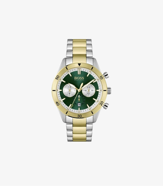 HUGO BOSS SANTIAGO TOW-TONE STAINLESS STEEL GREEN DIAL CHRONOGRAPH WATCH 1513872