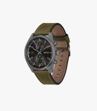 HUGO BOSS SKYTRAVELLER QTZ FASHION CHRONO BLACK SUNRAY ROUND DIAL WATCH 1514148