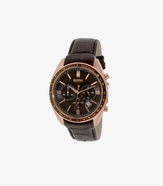 HUGO BOSS QUARTZ LATHER STRAP BROWN DIAL 43MM WATCH 1513093