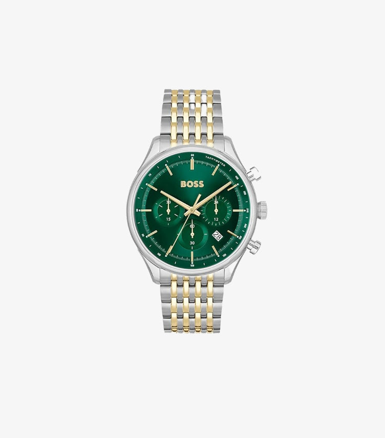 HUGO BOSS QTZ FASHION CHRONO GREEN ROUND DIAL SILVER STRAP WATCH 1514081