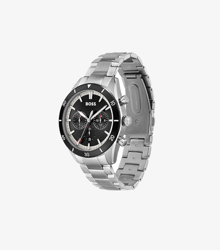 HUGO BOSS STAINLESS STEEL SANTIAGO ANALOG BLACK DIAL WATCH 1513862